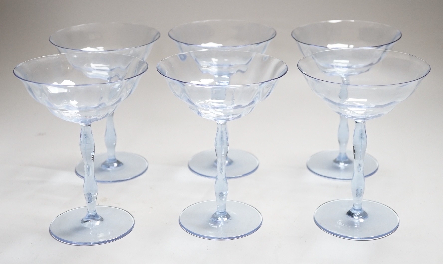 A set of six Art Deco lilac glass champagne bowls, Venetian style, reputedly made by James Powell & Sons. 15cms high